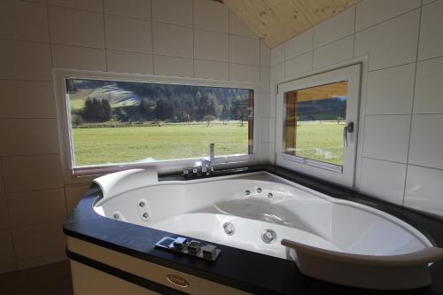 穆劳Feriendorf Murau by ALPS RESORTS的带浴缸的浴室和窗户
