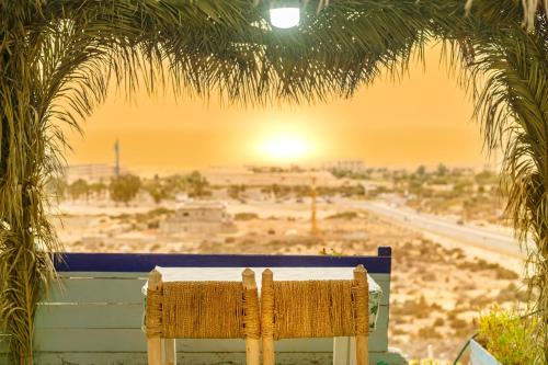 阿加迪尔The Rina Hostel的坐在棕榈树下,享有沙漠景色的长凳