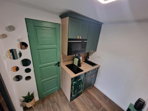 沃利乌格乡Tiny House 4 Two的一个带绿色橱柜和电视的小厨房