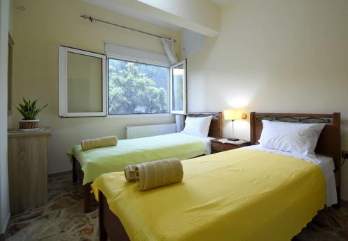 普洛马里翁Villa Eirini Agia Varvara Lesvos的客房设有两张带黄床单的床和窗户。