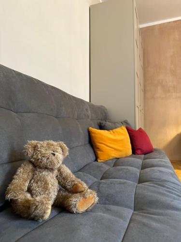 坎诺比奥Plaza Apartment的坐在沙发上的一个泰迪熊