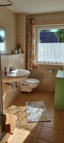 沃伦伯格Haus Nora的一间带水槽和卫生间的浴室以及窗户。