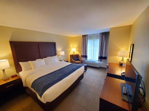 缪尼辛Comfort Inn & Suites Munising-Lakefront的酒店客房带一张大床和一把椅子