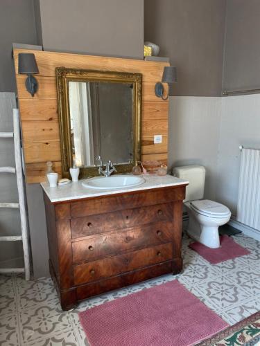 TrensacqChambre d'hôte Lo Sauneï aux Lesmaisonsdeshoussats的一间带木制水槽和卫生间的浴室