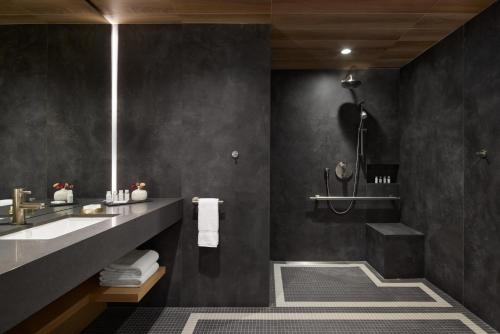 蒙特利尔ITHQ酒店的一间带水槽和淋浴的浴室