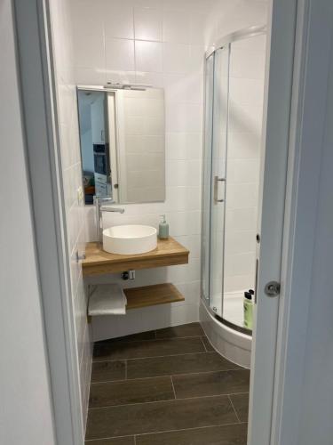 卡尔达斯·德·雷斯Apartamentos OLIVA的白色的浴室设有水槽和淋浴。