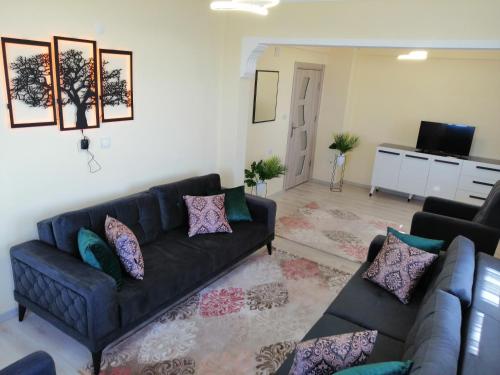 PazarMutlu apart ve bungalovs的客厅配有黑色沙发和电视