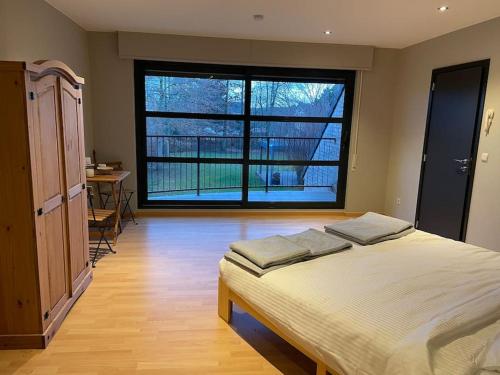 BekkevoortWilgentuin的一间卧室设有一张床和一个大窗户
