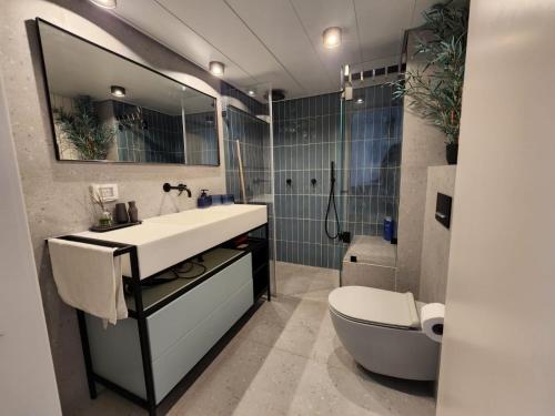 凯撒利亚lasuita- exclusive suites cesarea- sea view suite的一间带水槽、卫生间和淋浴的浴室