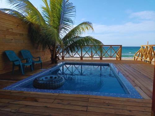特拉Villa Devonia - Beachfront Cabins with Pool at Tela, HN的一个带轮胎和两把椅子的游泳池以及大海