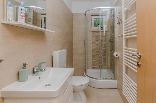 斯塔利格拉德-帕克利尼卡Apartmani Jadranka的一间带水槽、卫生间和淋浴的浴室