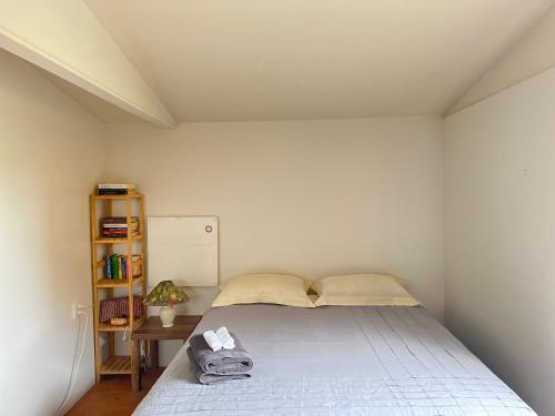 奥波蒂基Kukumoa Cabin的一间卧室设有一张床和一个书架