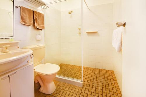 阿米代尔Armidale Inn的一间带卫生间和玻璃淋浴间的浴室