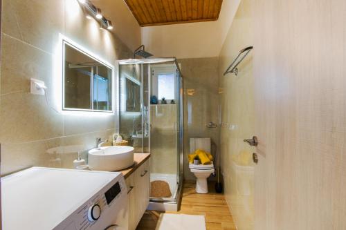 SpartýlasCorfu sight Blue的一间带水槽、卫生间和淋浴的浴室