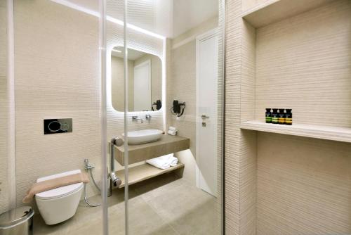 阿达玛斯Anais Milos Suites的一间带水槽、卫生间和镜子的浴室