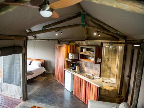 波切夫斯特鲁姆TangleWood Nature Estate的客房设有一张床和一个带水槽的厨房