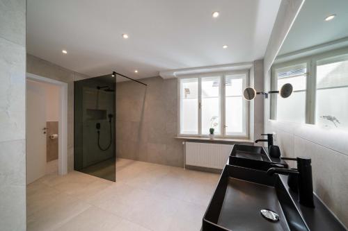 萨尔茨堡Altstadt-App. Domblick!的带淋浴和黑色水槽的浴室