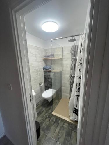 曼加利亚LaVoiLaNoi的一间带卫生间和玻璃淋浴间的浴室