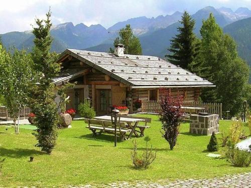 贝拉蒙特Typical Cottage in Bellamonte Italy with bubble bath的庭院内带野餐桌的小木屋