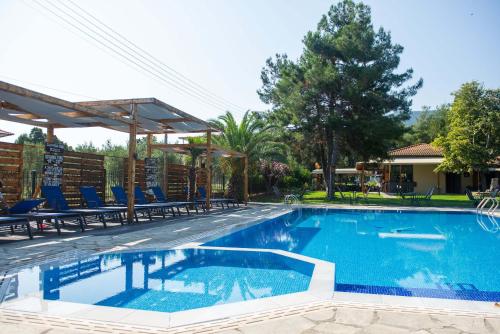 沃尔沃罗Villa Vasiliadi的一个带蓝色椅子的游泳池