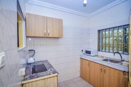 KasoaBH Apartment的厨房配有木制橱柜、水槽和窗户。