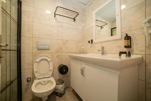 格克切达镇Estia Hotel的一间带卫生间、水槽和镜子的浴室