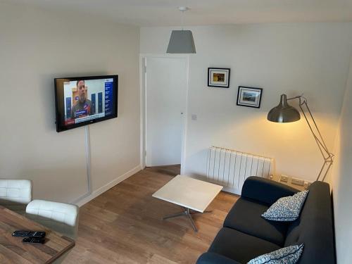戈尔韦Beautiful one bedroom Apartment In Galway City的客厅配有沙发和墙上的电视