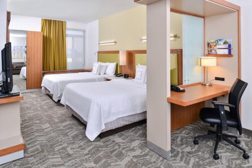 罗缪勒斯Springhill Suites by Marriott Detroit Metro Airport Romulus的酒店客房配有两张床和一张书桌