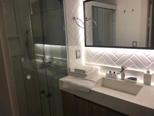 巴拉奈里奥-坎布里乌Apart-hotel Central com Spa的一间带水槽、镜子和淋浴的浴室