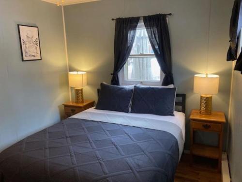霍利Wally's Cabin的一间卧室配有一张带蓝色枕头的床和一扇窗户。