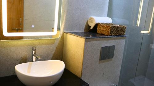 古尔冈AVA Hotels and Corporate Suites的一间带卫生间、水槽和镜子的浴室