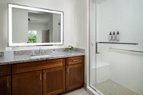 布兰森万豪威洛瑞吉别墅酒店的浴室配有盥洗盆和带镜子的淋浴