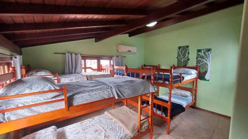 弗洛里亚诺波利斯Nuna Hostel Floripa的一间卧室配有三张双层床。