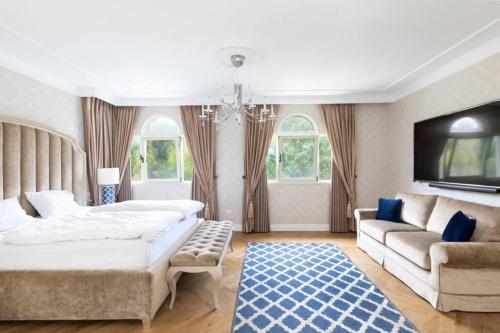 荷兹利亚Luxurious & Exclusive Villa, 10 min from the beach的一间卧室配有一张床、一张沙发和一台电视。