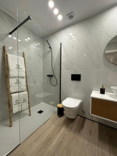 塞洛里库迪巴什图Villa Deluxe - Quinta do Outeirinho的带淋浴、卫生间和盥洗盆的浴室