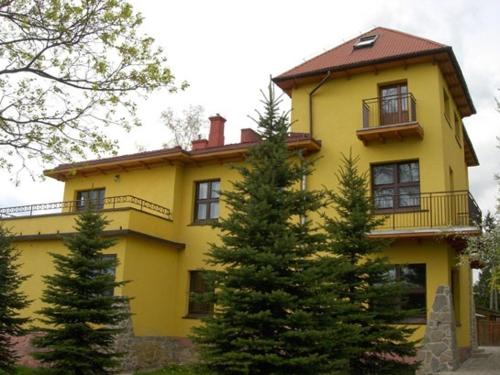 乔尔什滕Noclegi NADZAMCZE的前面有树木的黄色房子