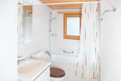 库尔瓦尔登5 room house Joch Churwalden- Lenzerheide的带浴缸、盥洗盆和卫生间的浴室