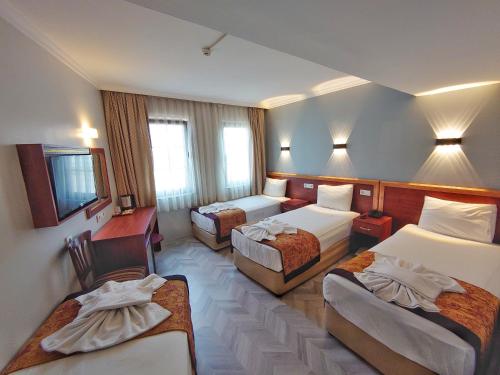 伊斯坦布尔东方敏特尔酒店的酒店客房设有三张床和一张书桌