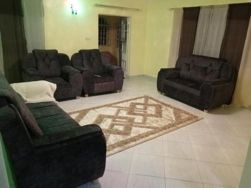 KisiiMwamba Homes的客厅配有3张沙发和地毯