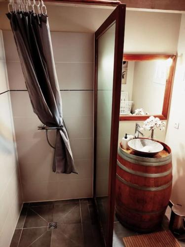 DuisansÉlégante maison au style raffiné的浴室设有桶式水槽和镜子