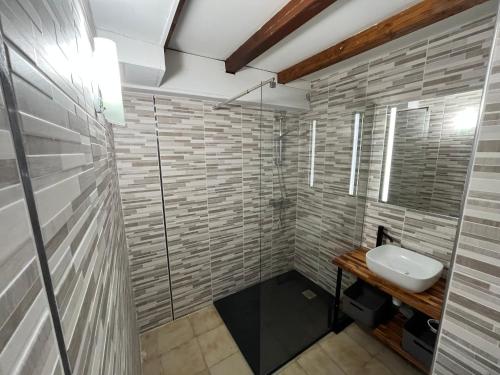 NagesAppartement au lac du laouzas的浴室配有卫生间、盥洗盆和淋浴。