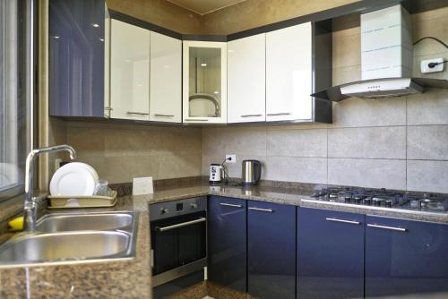安曼شقة فاخرة و واسعة من 4 غرف مع وسائل الراحة الحديثة Spacious 4-Room Apartment with Modern Amenities的厨房配有蓝色橱柜和水槽