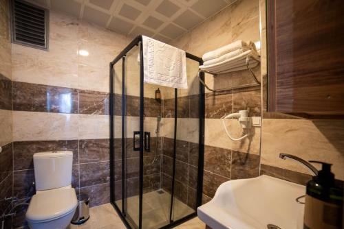 格克切达镇İmroz Adali's Butik Otel的带淋浴、卫生间和盥洗盆的浴室