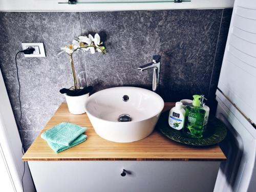 帕多瓦A UN PASSO DALL'OSPEDALE的浴室配有盥洗盆和带盥洗盆的台面