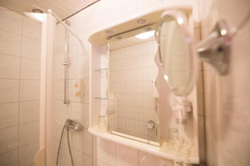 罗斯巴赫Hotel Strand-Café的带淋浴和镜子的浴室