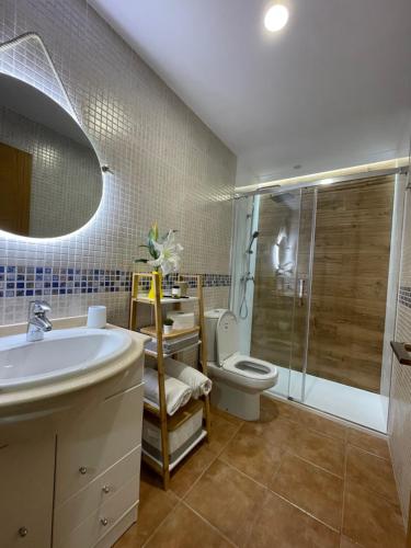 福斯特拉Finisterre Fisterra apartamento en la playa的一间带水槽、卫生间和淋浴的浴室