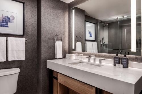 米西索加多伦多国际机场喜来登酒店的一间带水槽、卫生间和镜子的浴室