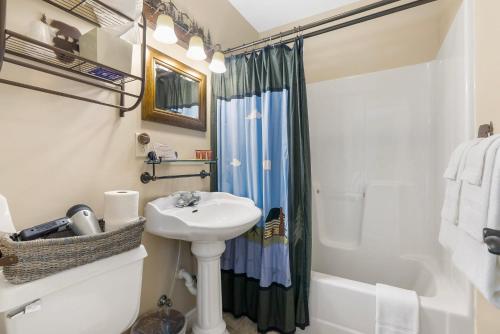 布兰森Historic Branson Hotel - Hide-A-Way Room with Queen Bed - Downtown - FREE TICKETS INCLUDED的一间带水槽和淋浴的浴室