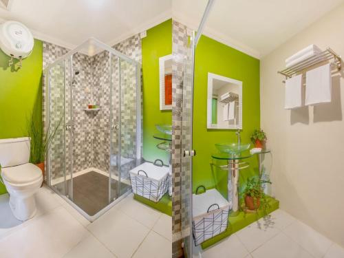 BalongTzy-No Family Cottage的带淋浴的浴室和绿色墙壁。