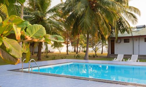 亭可马里亭可马里珍珠海洋度假住宿加早餐旅馆的一个带两把椅子的游泳池,棕榈树
